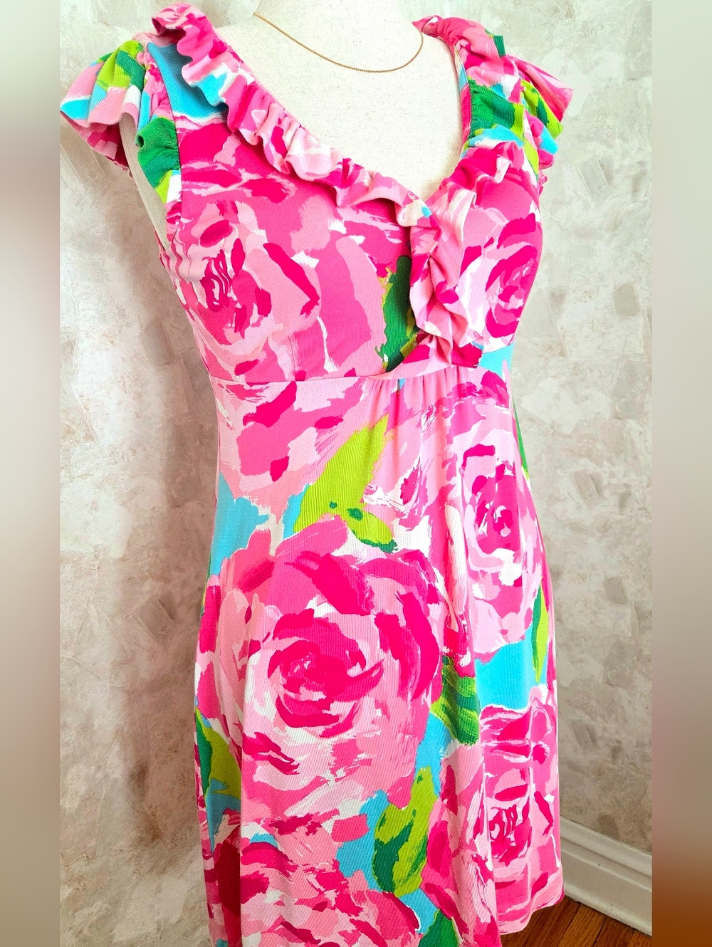 Lilly Pulitzer Silk Cotton Floral Ruffle Dress Pink Multicolor Size M